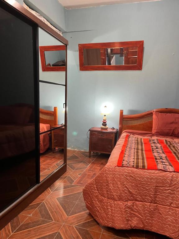 1 dormitorio con cama y espejo en Amanda, en Calama