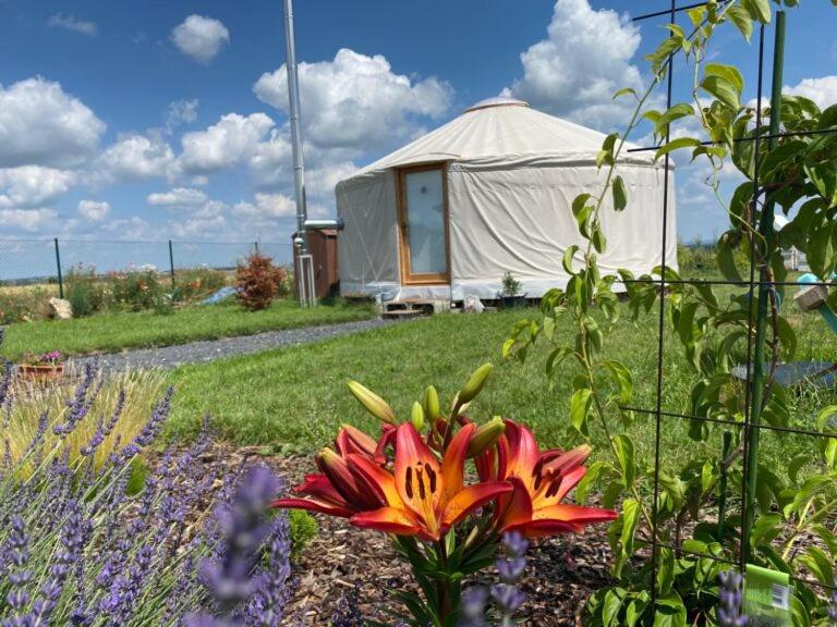 a large white tent with a flower in front of it at Jurtovna in Beroun