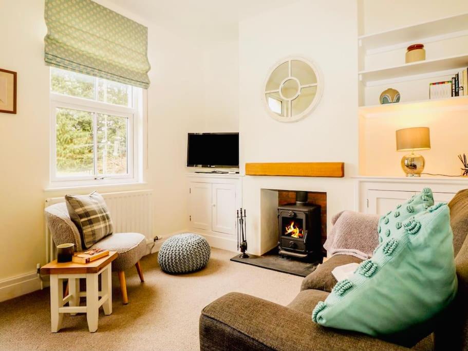 a living room with a couch and a fireplace at Steam Train Cottage - Lake District Hideaway in Newby Bridge
