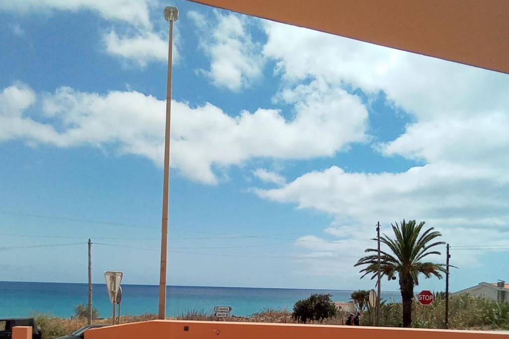 een uitzicht op de oceaan met een palmboom en een stopbord bij Praia Encantada in Porto Santo