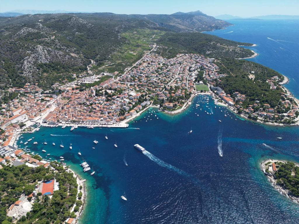 an aerial view of a harbor with boats in the water at Accommodation Huljić in Hvar