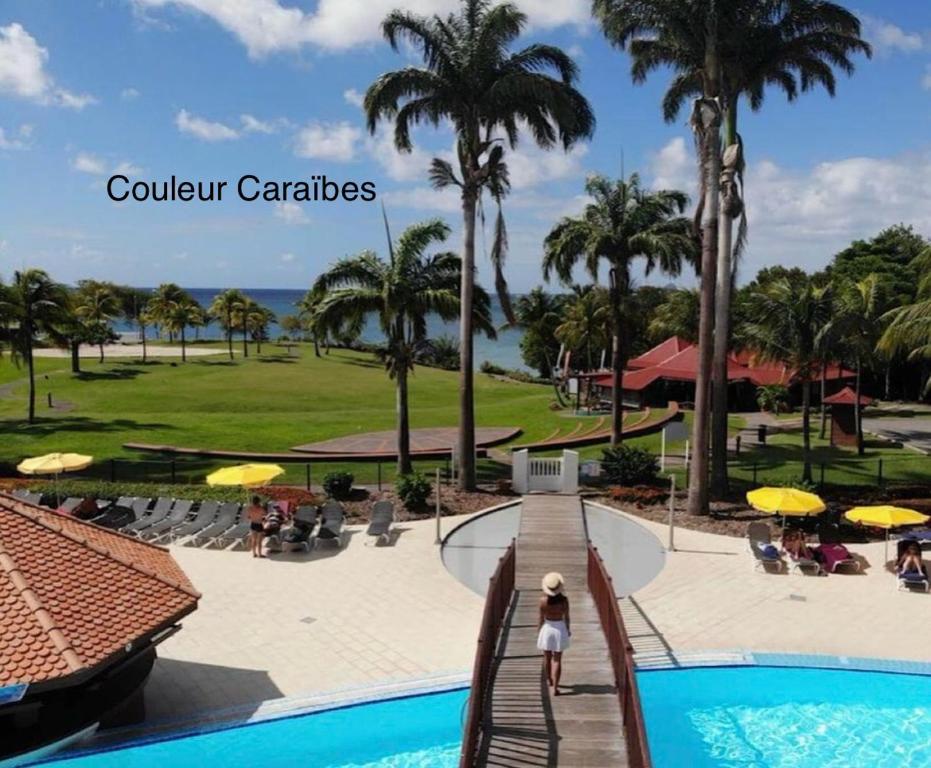 - une vue sur la piscine d'un complexe avec des palmiers dans l'établissement Couleur caraïbes appartement dans un hôtel 3 étoiles vue mer, à Sainte-Luce