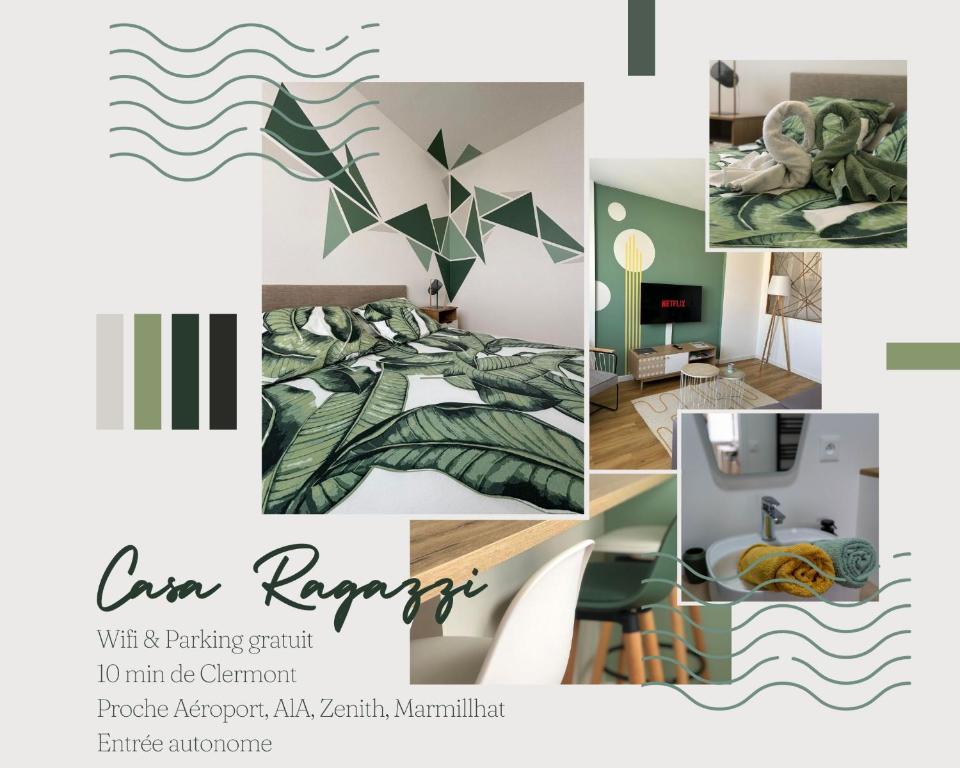 a collage of photos with a bed and a room at Casa Ragazzi - Refait à neuf - Calme - Parking in Lempdes