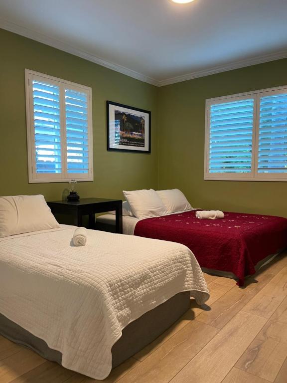 2 camas en un dormitorio con paredes y ventanas verdes en Private Room in Los Angeles with WIFI and AC and Private Fridge!!!, en Los Ángeles
