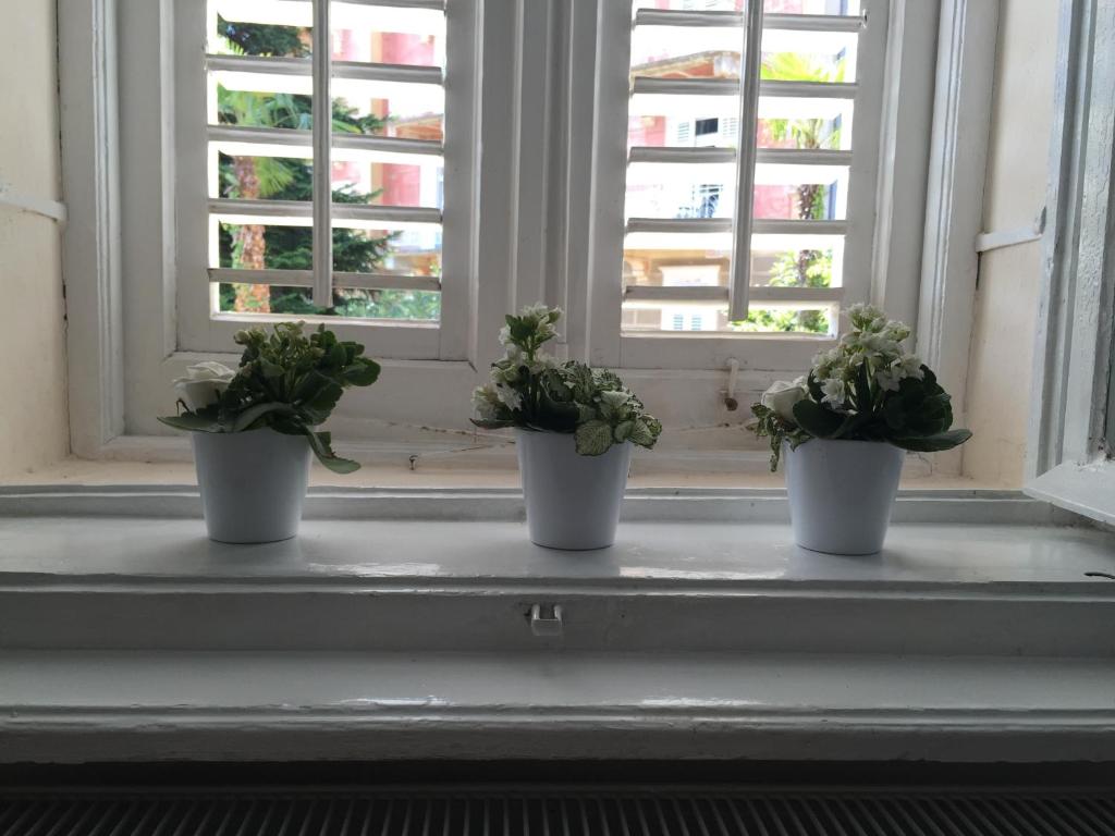 three potted plants sitting on a window sill at Villa Peppina Apartment in Lovran