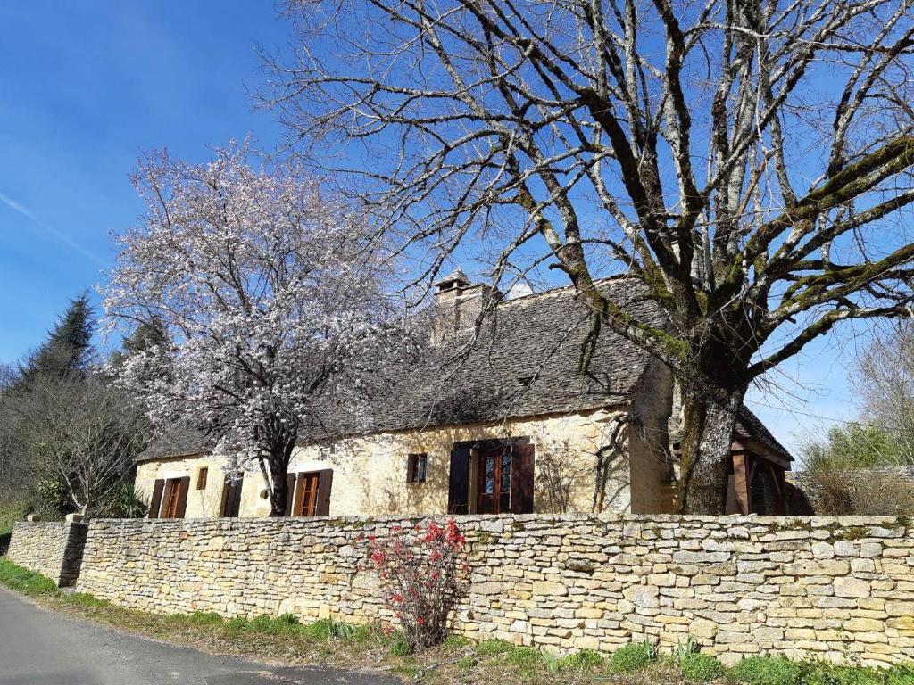 una vieja casa de piedra detrás de una pared de piedra en Le fournil de la Blogeonie, en Saint-Geniès