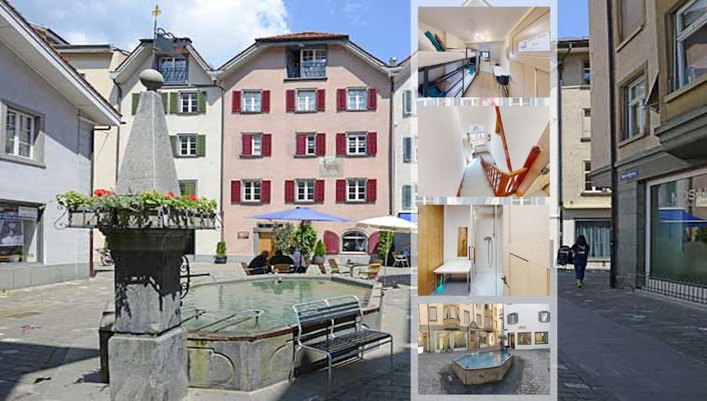 een collage van foto's van een gebouw en een zwembad bij Solution-Grischun - Zentrales Dachzimmer - Kaffee&Tee - Gemeinschaftsbad - Etagenbett -Dachterrasse in Chur