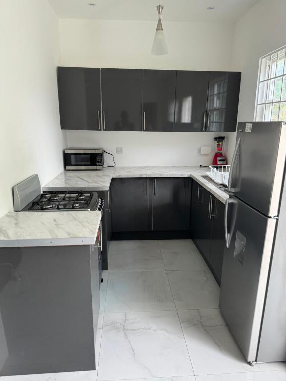 a kitchen with black cabinets and a stainless steel refrigerator at Faith moves mountains in Ocho Rios