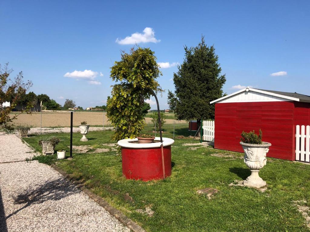 a red shed with a tree and plants in the grass at CASA CORTE BOTTAZZI in Mirabello