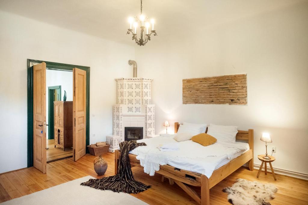 RichişuにあるAni GuestHouse Richisのベッドと暖炉のある寝室
