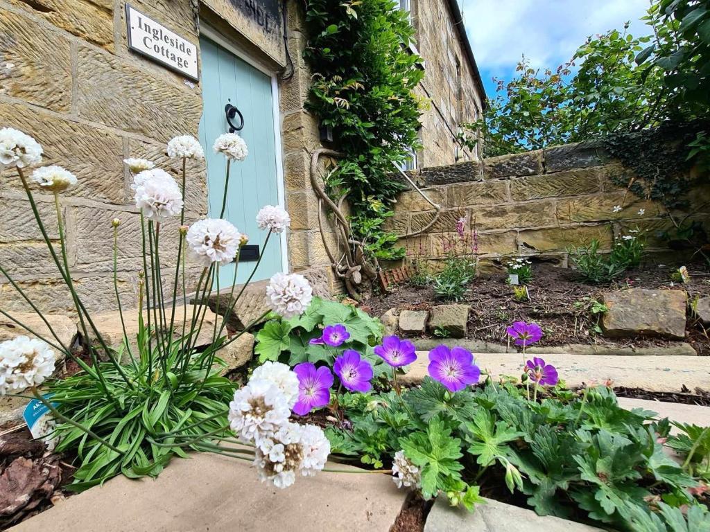 Ingleside Cottage في Glaisdale: حديقة بها زهور أرجوانية وبيضاء أمام باب