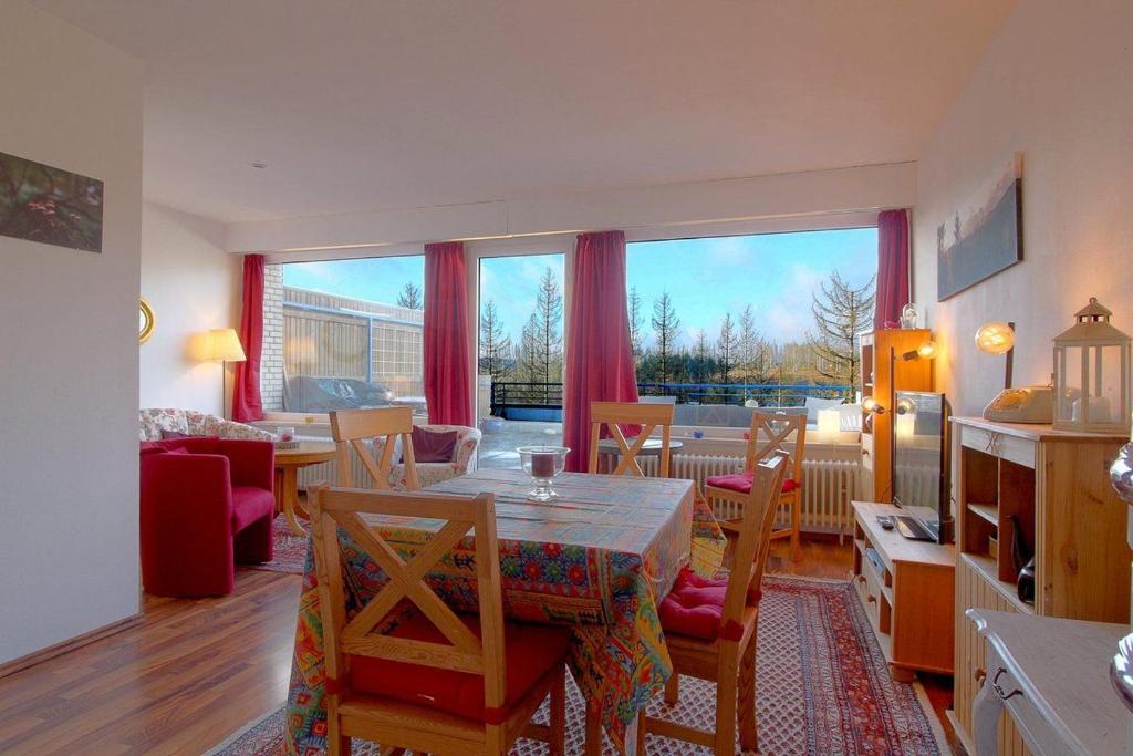 een woonkamer met een tafel en stoelen en een groot raam bij Apartment 631 in Hohegeiß