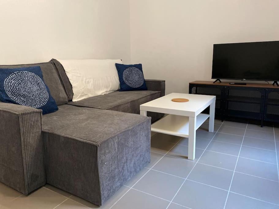 un salon avec un canapé, une table et une télévision dans l'établissement La Terrazza, central et confort, à Marseille