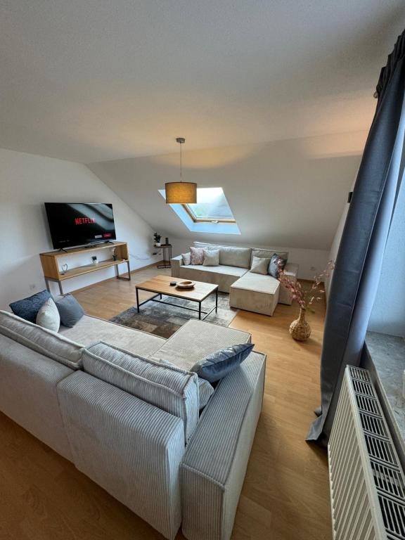 的住宿－*ALL NEW* Exklusive DG-Wohnung, Gemütlich & Modern，带沙发和电视的客厅