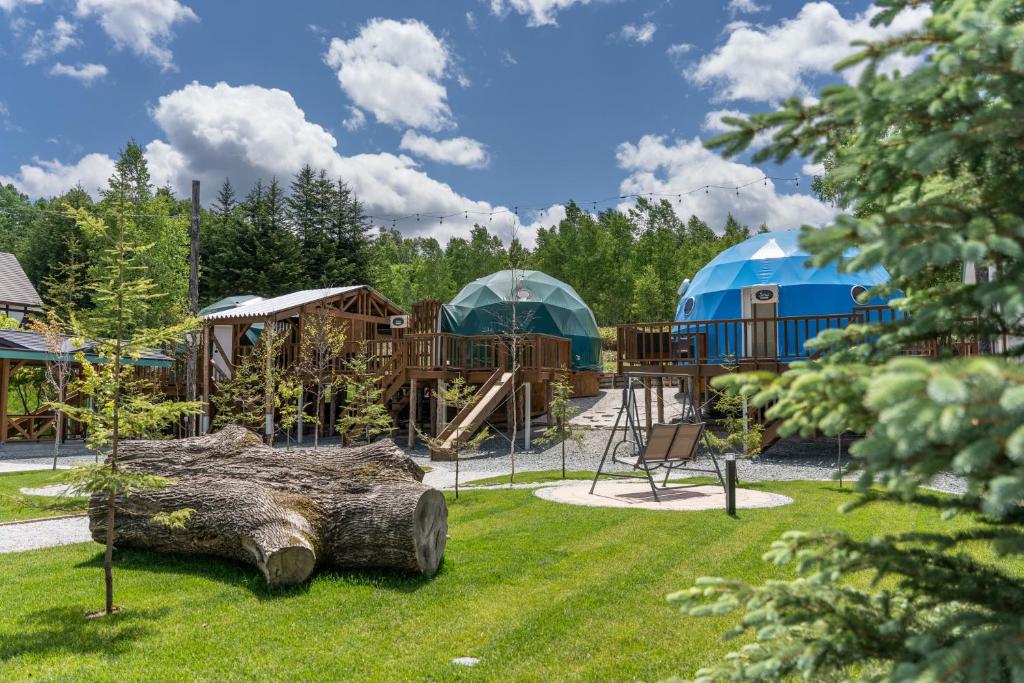 a playground with two domes and a log in the grass at Glamping TOMAMU in Tomamu