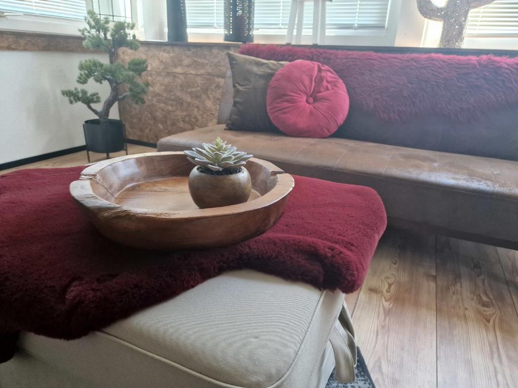 uma sala de estar com um sofá e uma tigela com um cacto em Ferienwohnung Faber em Goslar