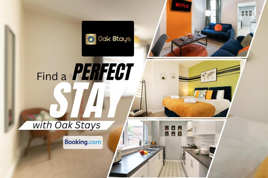 Fosse Road North By Oak Stays Short Lets & Serviced Accommodation Leicester With Free WiFi في ليستر: مجموعة من الصور لغرفة نوم وشقة
