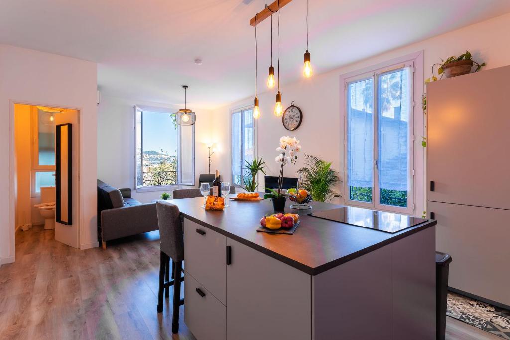 une cuisine et un salon avec un îlot au milieu dans l'établissement LA RIBOTE AP4387 By Riviera Holiday Homes, à Nice