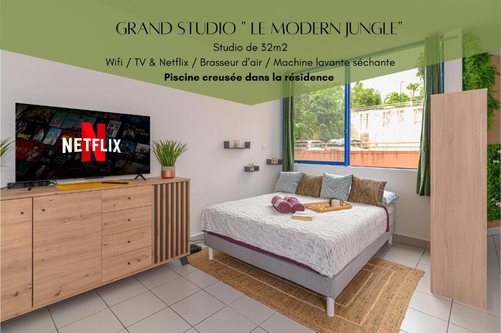 um poster de um quarto com uma cama e uma televisão em Grand Studio Le Modern Jungle - Résidence Les Jacquiers em Saint-Denis