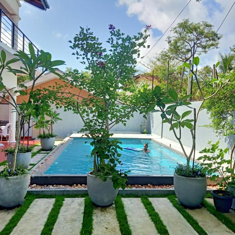 a pool in a house with trees and a person swimming at Osh villa in Hikkaduwa