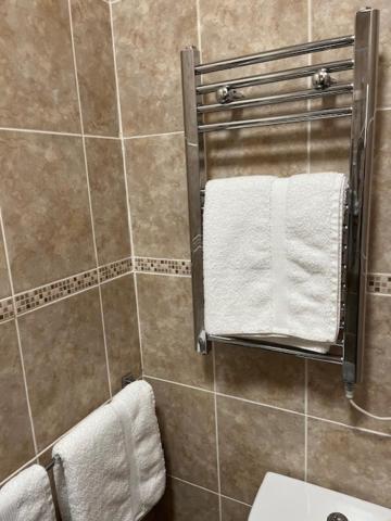 a bathroom with a shower with towels on a rack at Most Easterly in Pakefield