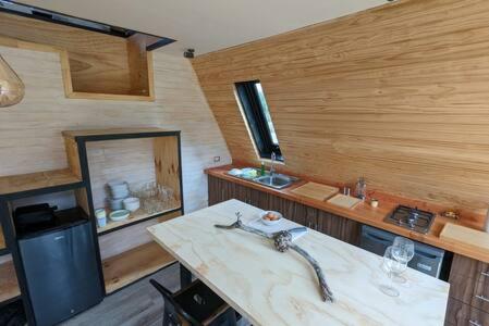 OUTSCAPE l Cabaña Familiar en mejor sector de Cerro Castillo في فيلا سيرو كاستيلو: غرفة مع حوض ومرآة