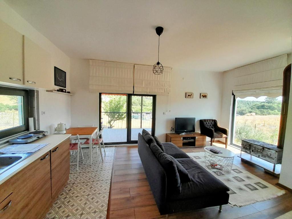 sala de estar amplia con sofá y cocina en Antalya villa, en Kemerağzı