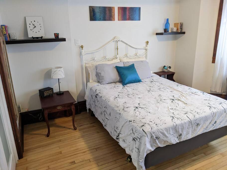 Un dormitorio con una cama con almohadas azules. en 2 Bedroom Family & Pet Friendly Character Building, en Winnipeg