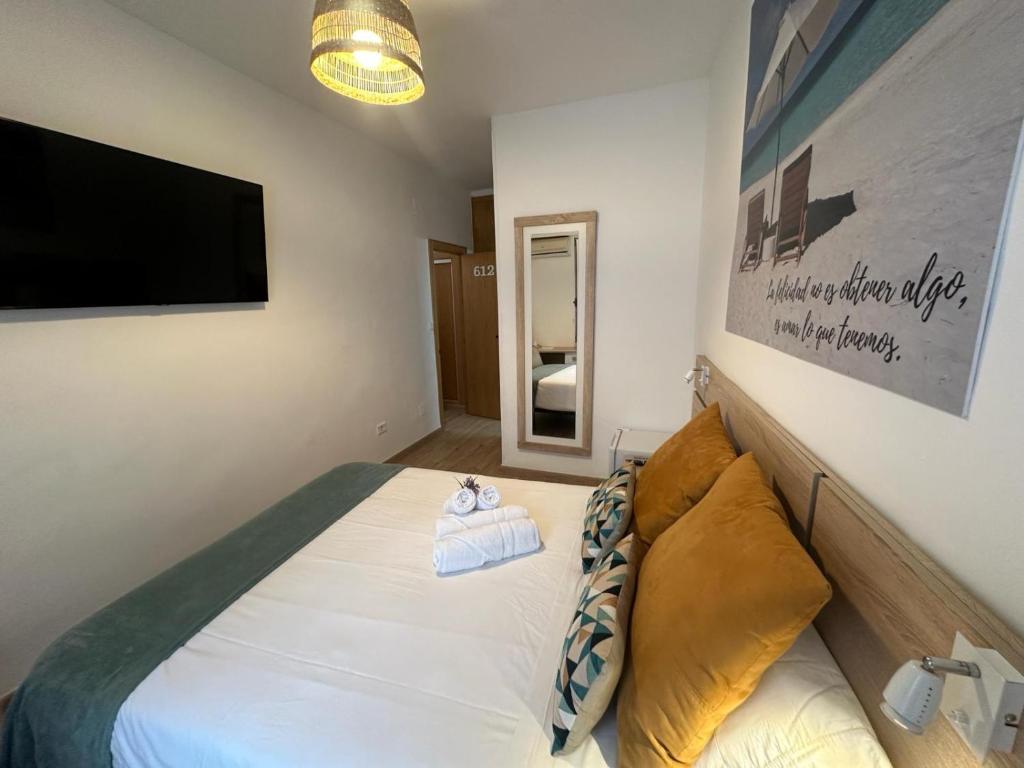 a bedroom with a bed and a flat screen tv at Hostal Ventura Premium in Alicante