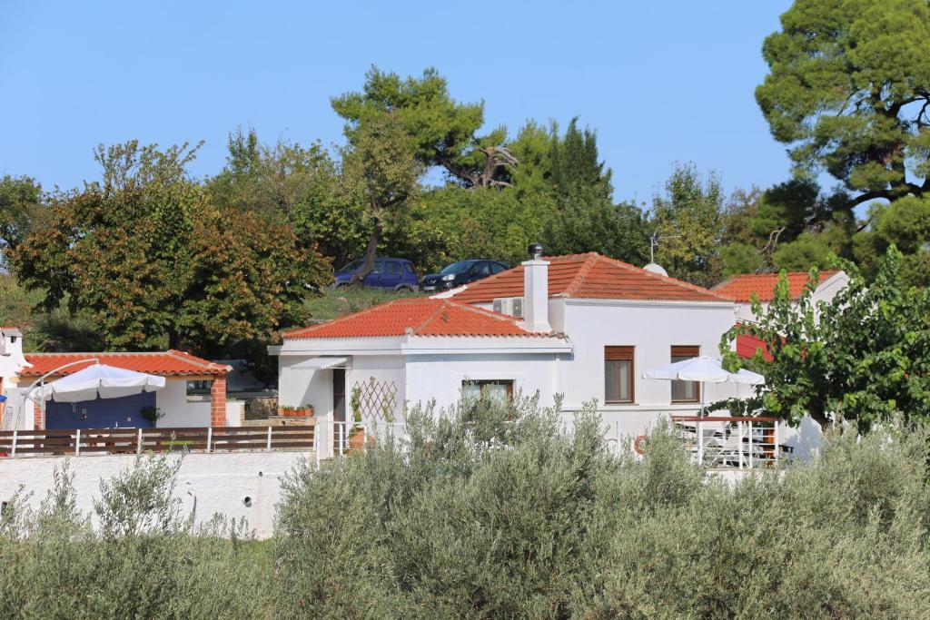 スコペロスにあるDiakopi Villaの赤い屋根と木々のある白い家