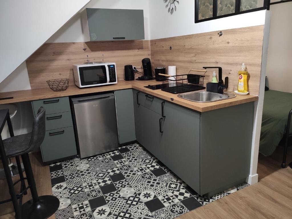 een kleine keuken met een wastafel en een magnetron bij Très beau studio quartier Cathédrale bord de Loire in Tours