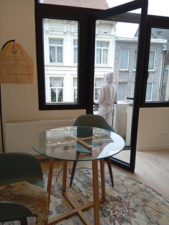a glass table in a living room with a person looking out the window at DuplexJacob2 in Antwerp