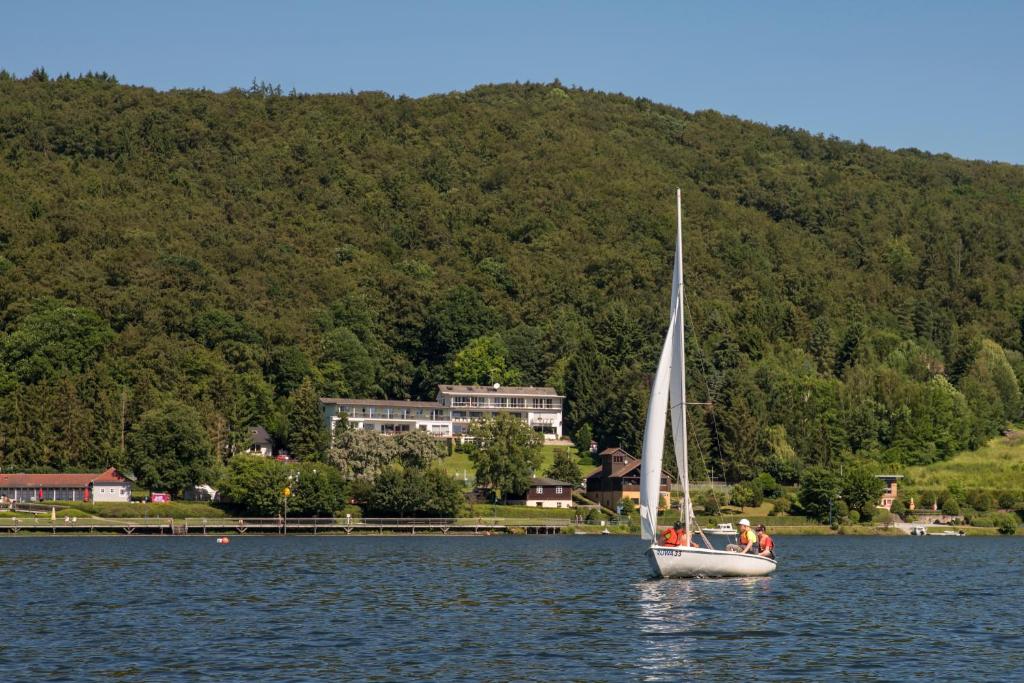 a sailboat on the water in front of a mountain at PlusNaturHotel direkt am Ederseeufer Waldhotel Wiesemann und Ferienapartments in Waldeck