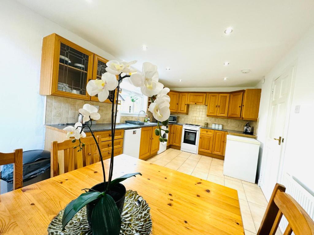 a kitchen with wooden cabinets and a wooden table with a plant at Tillicoultry Jupiter Apartment - Scotland Holiday Let in Tillicoultry