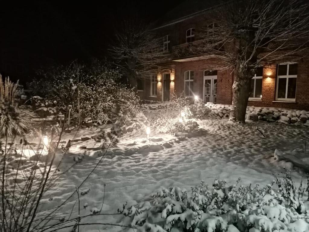 a yard covered in snow in front of a house at Gemütliche Ferienwohnung in Neu Kaliß in Neu Kaliß