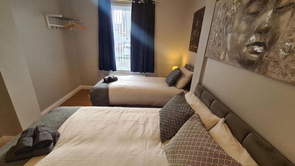 een slaapkamer met 2 bedden en een raam bij Belfast Waterworks Apartments in Belfast