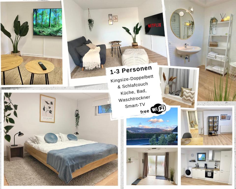 un collage de fotos de una habitación con cama en 75qm mit eigenem Bad, Küche, Wohn- u Schlafzimmer en Herborn