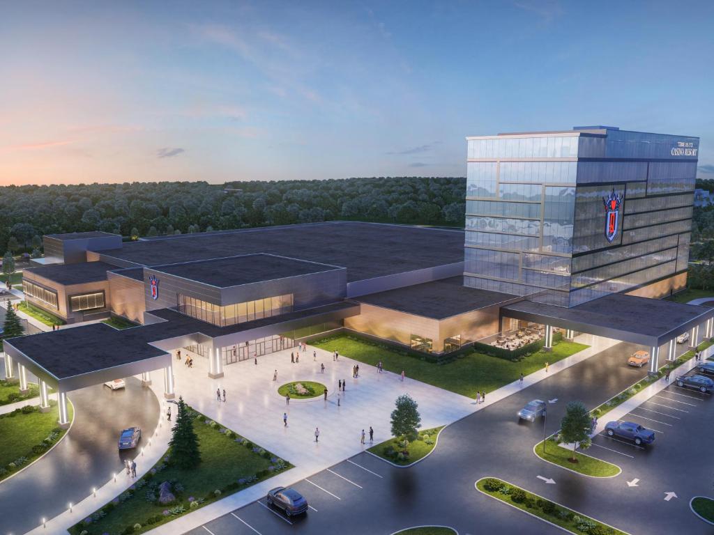 a rendering of a building with a parking lot at Terre Haute Casino Resort in Terre Haute