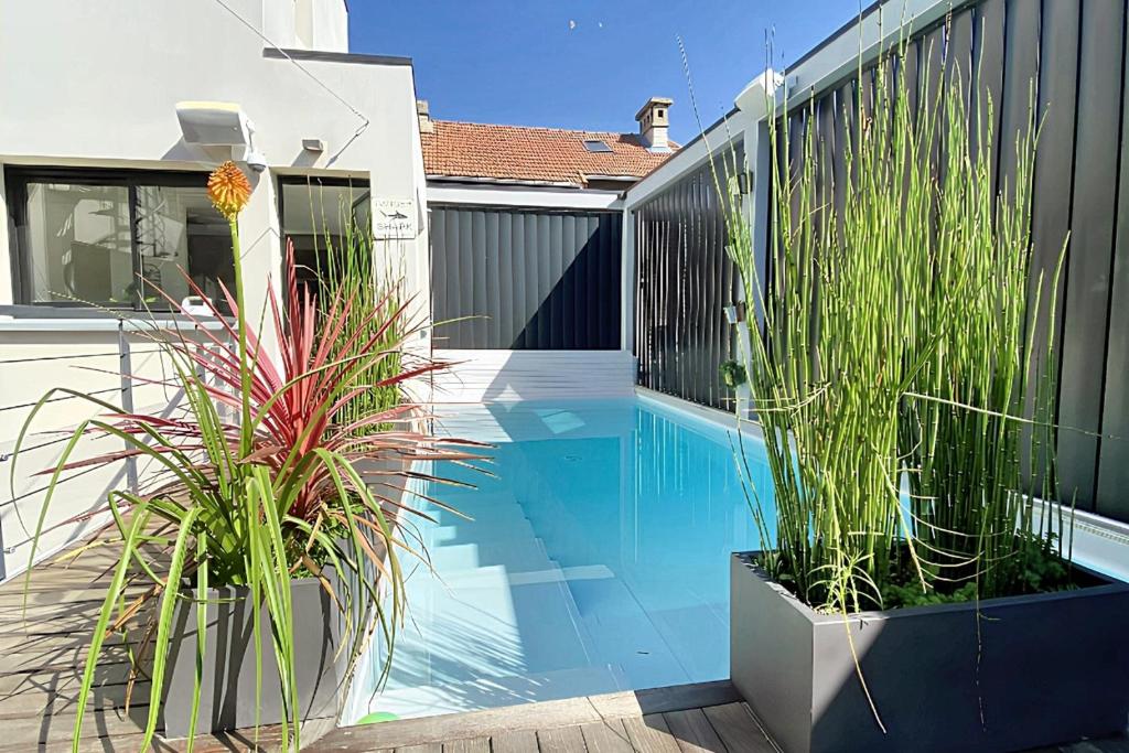 ein Pool mit zwei Topfpflanzen neben einem Haus in der Unterkunft Large villa with pool in Châtillon - Welkeys in Châtillon