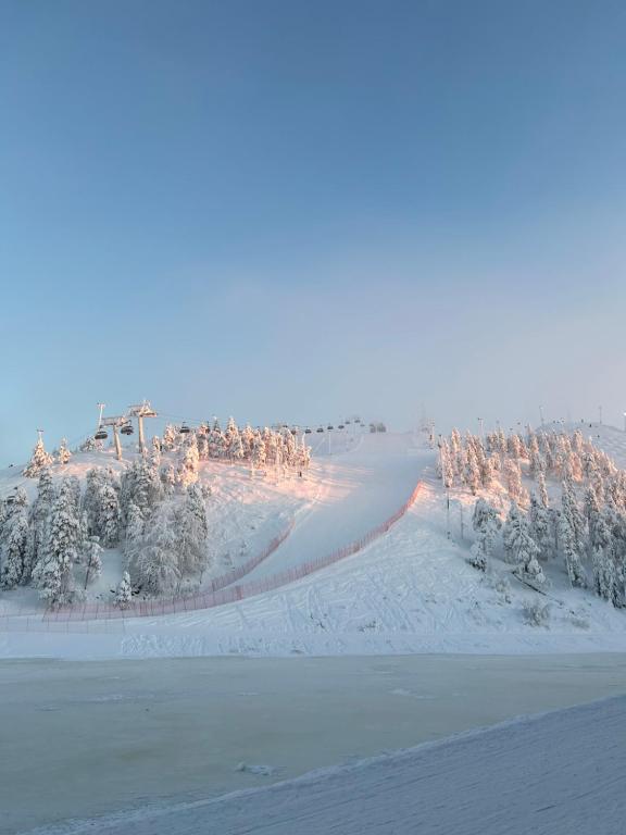 a road covered in snow with trees in the distance at Chalets LumiHelmi in Ruka