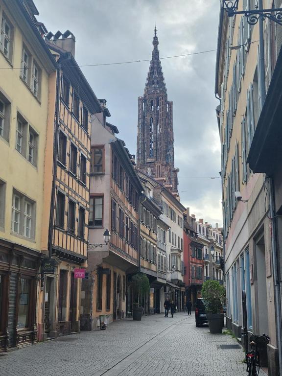 eine Stadtstraße mit Gebäuden und einem Uhrturm in der Unterkunft Appartement secteur Cathédrale in Straßburg