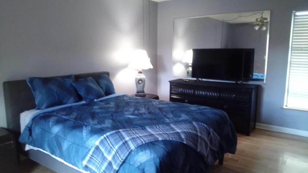 1 dormitorio con 1 cama y TV de pantalla plana en Irises House - private room in home, en Kissimmee