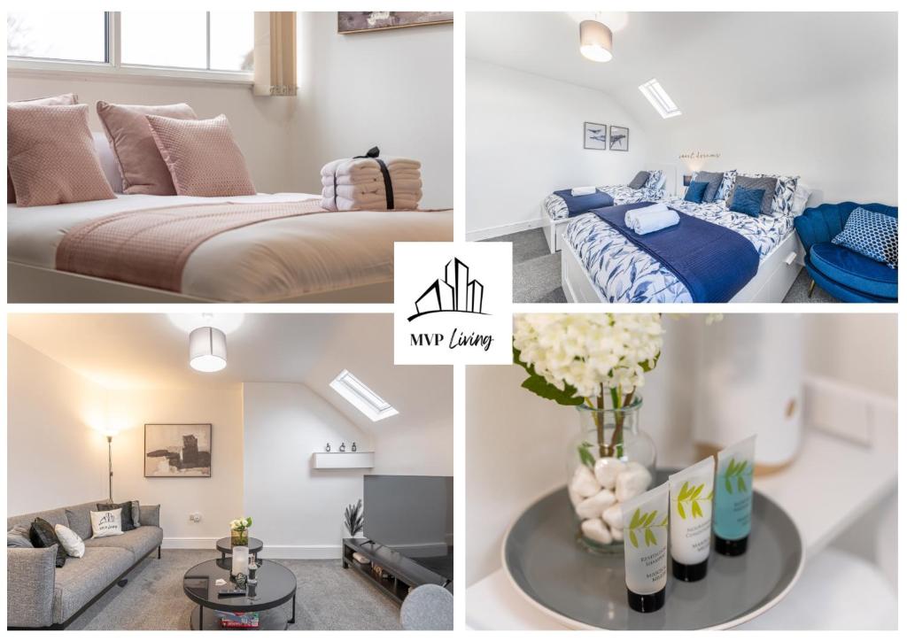 eine Collage mit Fotos von einem Schlafzimmer und einem Wohnzimmer in der Unterkunft Luxury Stay - Parking, Close City Centre, Netflix & Disney, in Nottingham