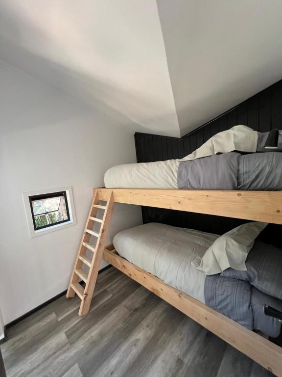 2 Etagenbetten in einem Zimmer mit einer Leiter in der Unterkunft Tiny house en bosque nativo camino a Termas de Chillan in Recinto