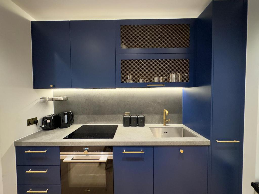 uma cozinha com armários azuis e um lavatório em Amazing Cosy Apartment, Next to O2 Arena and close to London Excel, Secure Parking em Londres