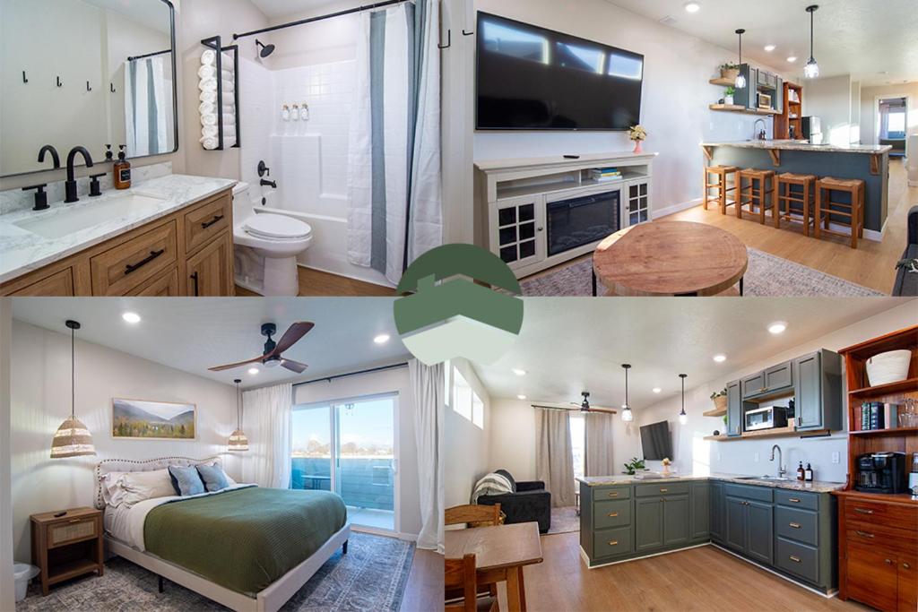 twee foto's van een slaapkamer en een badkamer bij Caldwell Cliff Swallow Guest House in Caldwell