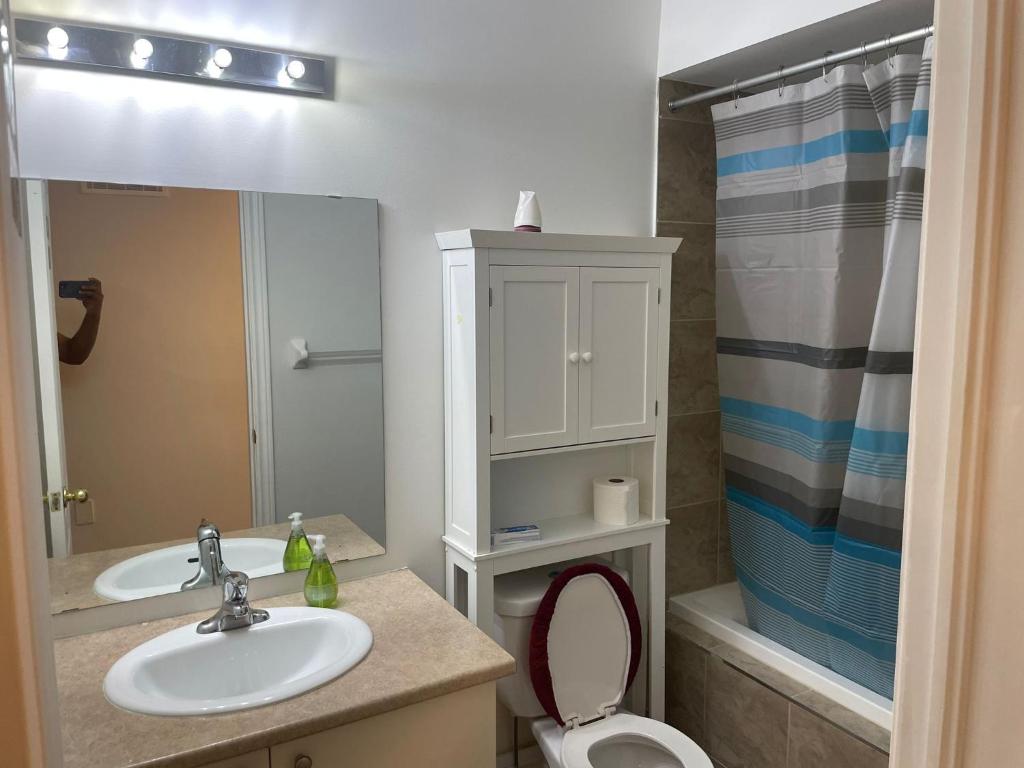 a bathroom with a sink and a toilet and a shower at Golden Spring Beautiful home in Brampton