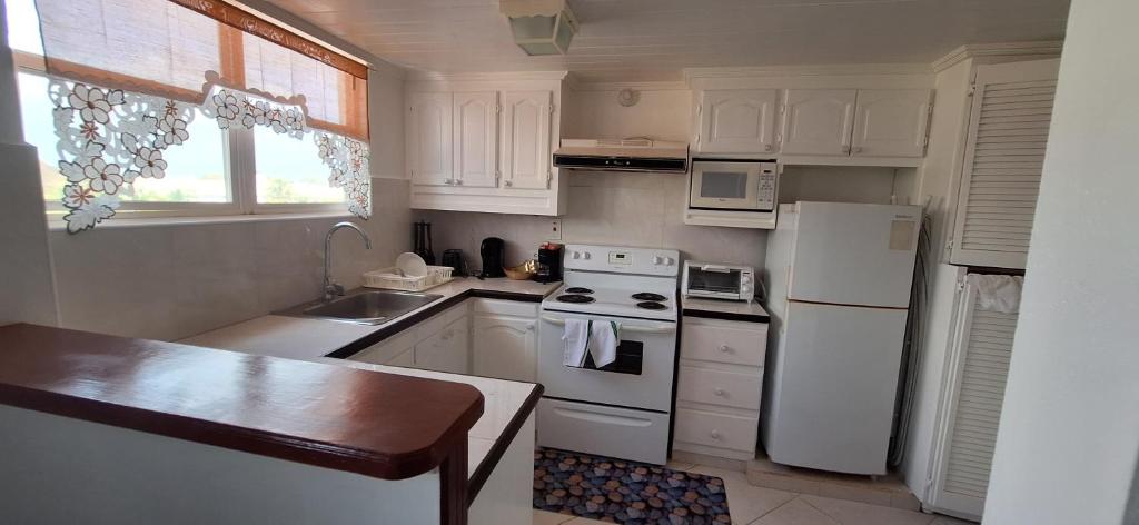 a small kitchen with white appliances and a sink at Seaview property Hastings Towers 3D-Studio Apt in Bridgetown