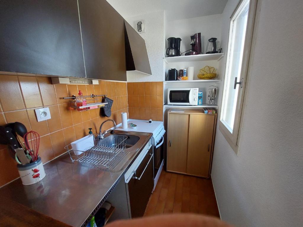 a small kitchen with a sink and a microwave at Studio Argelès-sur-Mer, 1 pièce, 4 personnes - FR-1-776-63 in Foix