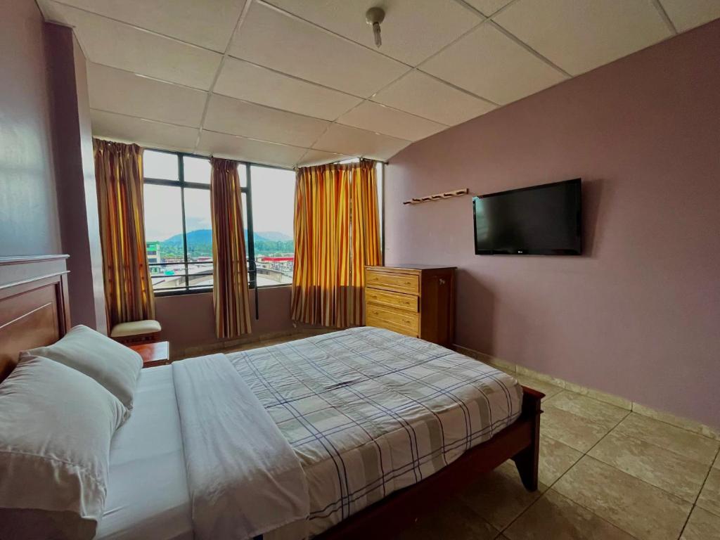 um quarto com uma cama e uma televisão de ecrã plano em Hotel Río Tena em Tena